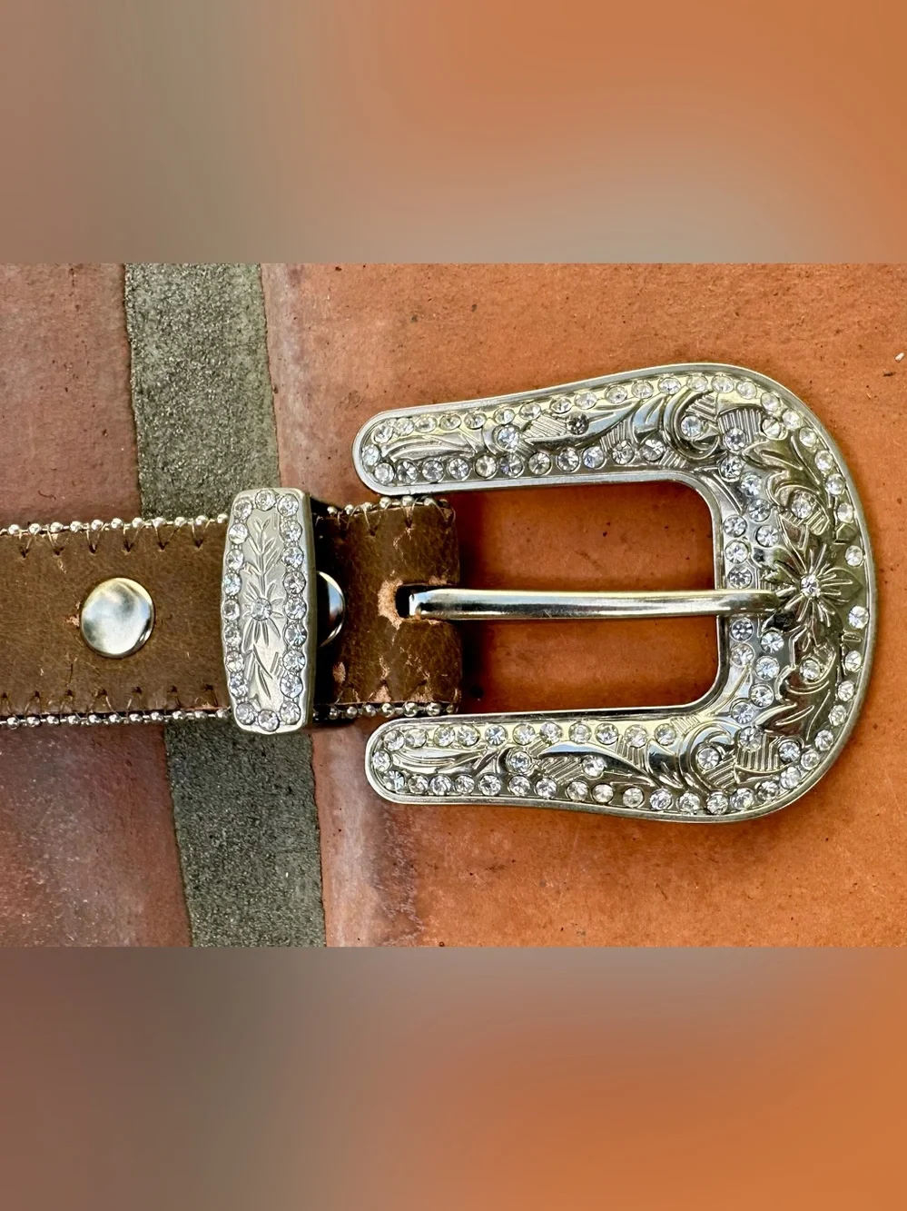 Rhinestone Cross Studded Brown Leather Belt